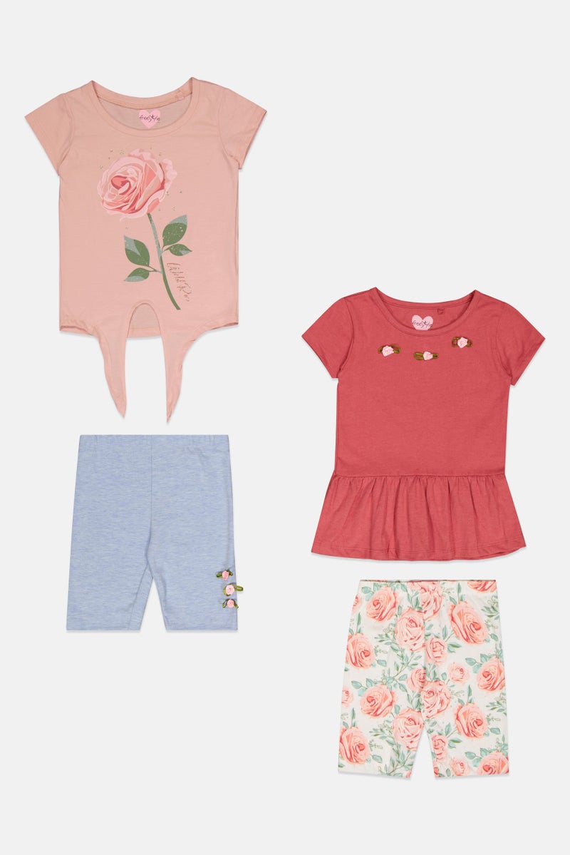 Freestyle طقم بنات أطفال مكون من 4 قطع بتصميم جرافيكي وقميص وشورتات، متعدد الألوان - Image 2